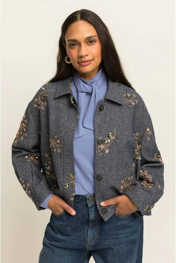 Expresso jas met pailletten en print donkerblauw