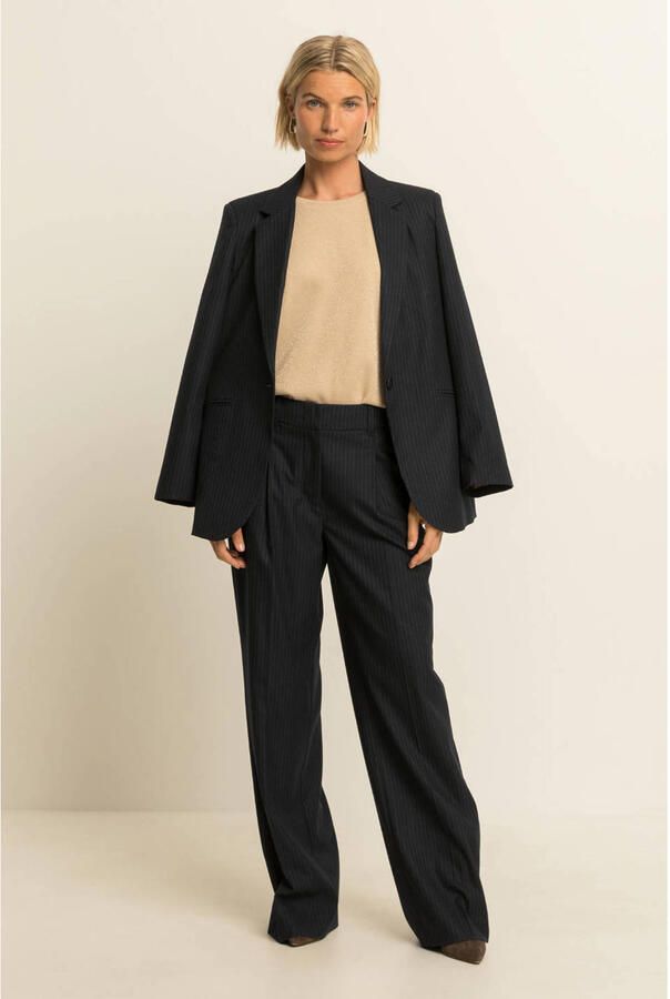 Expresso regular fit blazer met krijtstreep donkerblauw ecru