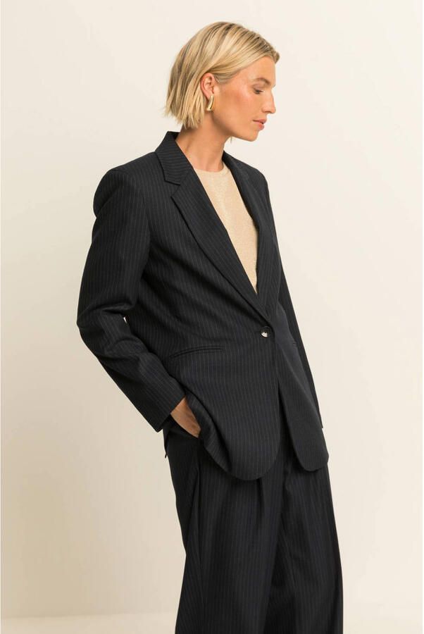 Expresso regular fit blazer met krijtstreep donkerblauw ecru - Foto 3