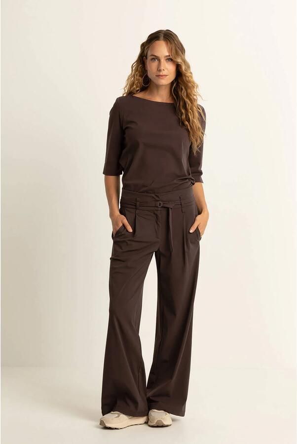Expresso travelstof straight high waist broek donkerbruin