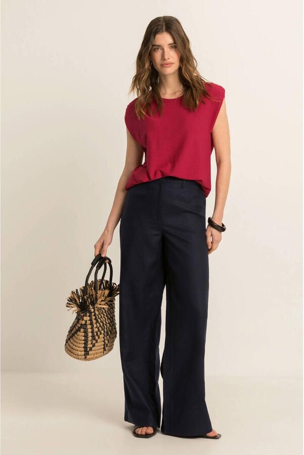 Expresso wide leg regular waist broek met linnen zwart - Foto 3