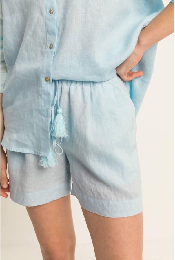 Expresso wide leg regular waist casual short linnen lichtblauw - Foto 3