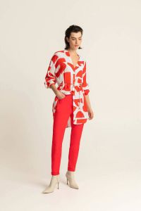 Expresso semi-transparante blouse long sleeve with waist belt met grafische print en ceintuur rood wit