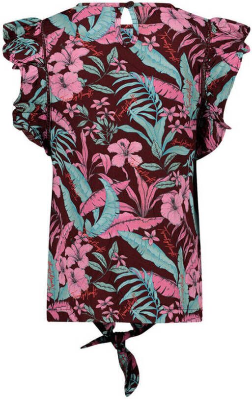 29FT blouse met bladprint en ruches paars roze groen