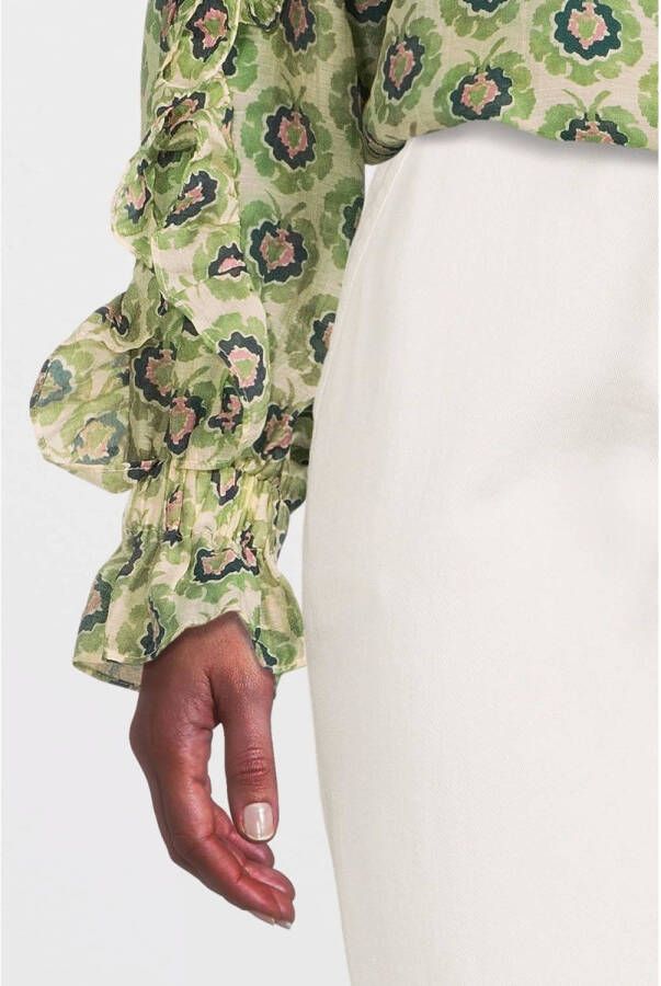 Aaiko blousetop ROMY FLOWER LYO 510 met all over print en ruches groen