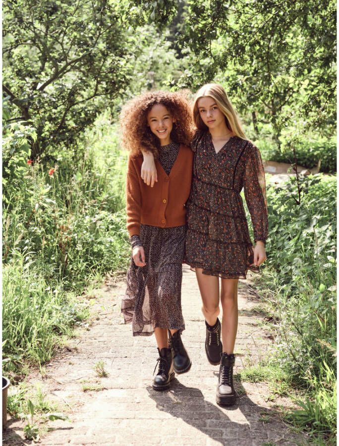 AI&KO A-lijn jurk Ilenia flower met all over print en textuur zwart multi