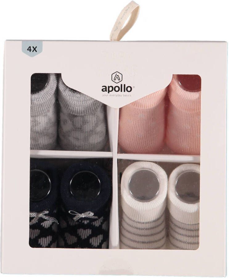 Apollo new born sokken set van 4 in een geschenkset roze wit blauw