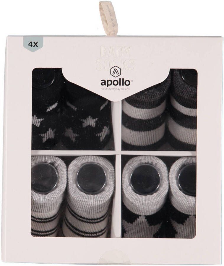 Apollo new born sokken set van 4 in een geschenkset zwart wit grijs
