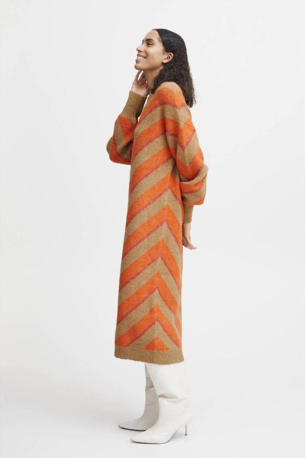 B.Young gebreide jurk BYMICA met grafische print bruin oranje