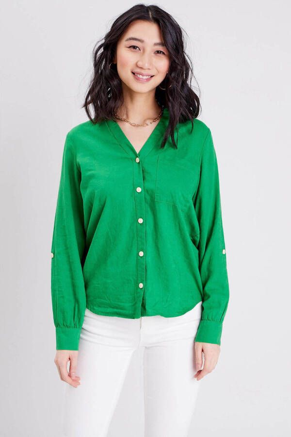 Cache blouse met linnen groen - Foto 3