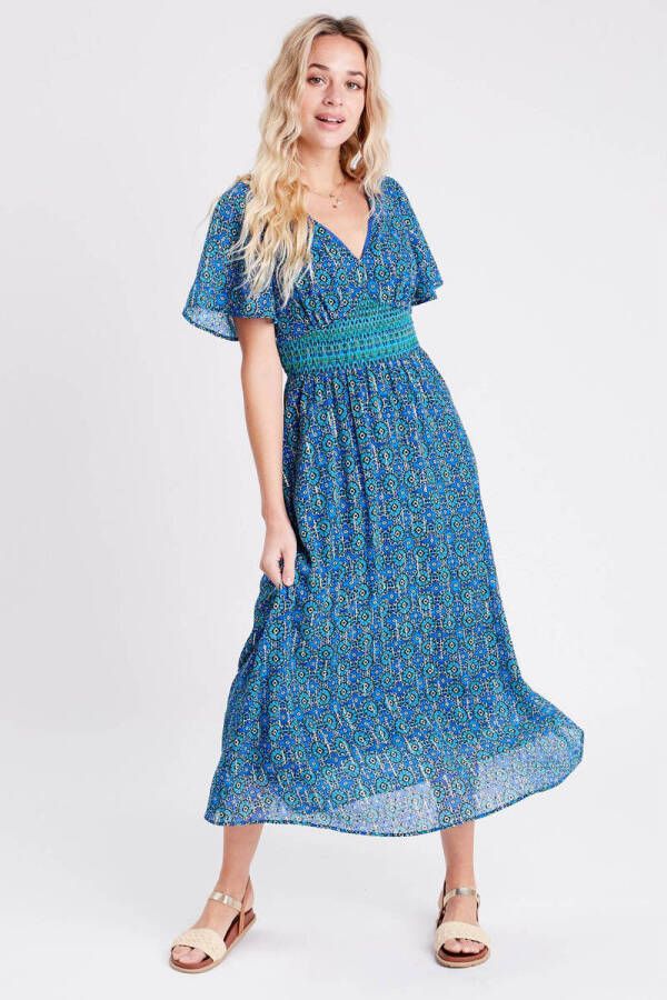 Cache semi-transparante jurk met all over print en plooien blauw