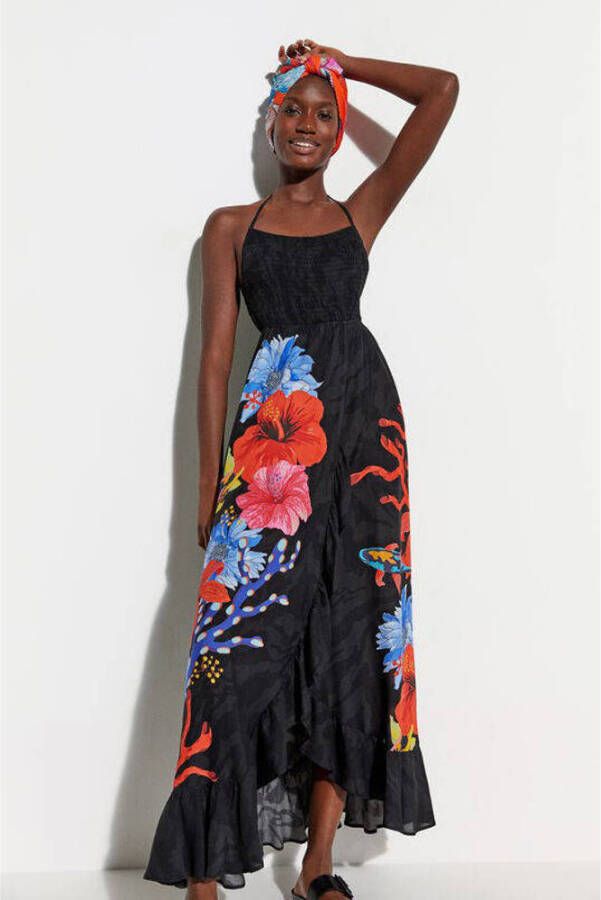 Desigual maxi jurk met bloemen en smock zwart