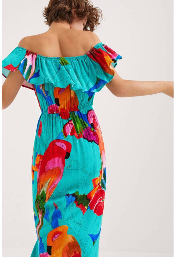 Desigual off shoulder maxi jurk met all over print en volant turquoise rood roze