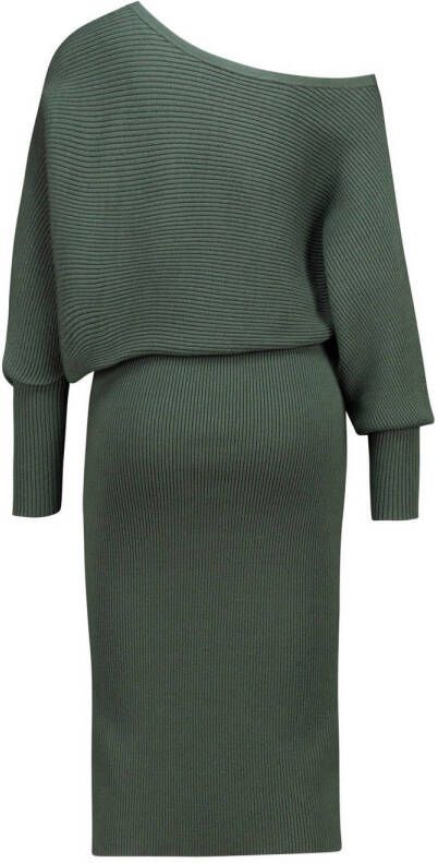 Expresso ribgebreide one shoulder jurk met vleermuismouwen donkergroen - Foto 2