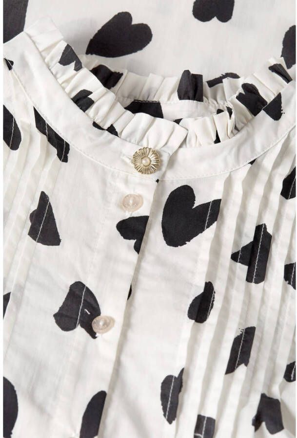 Fabienne Chapot blouse Lucky Pop met hartjes en ruches gebroken wit zwart