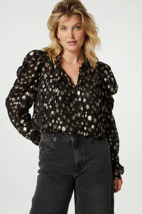 Fabienne Chapot semi-transparante blousetop Didi met stippen zwart goud