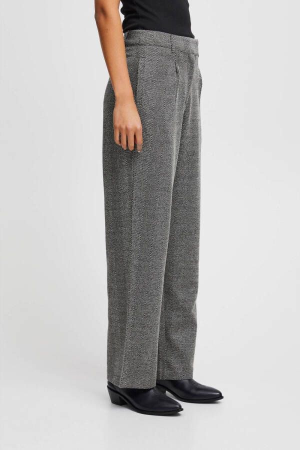 ICHI high waist wide leg pantalon IHKATE STRUCTURE met visgraat grijs - Foto 3