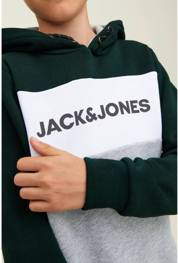 JACK & JONES JUNIOR hoodie JJELOGO met logo donkergroen wit grijs melange