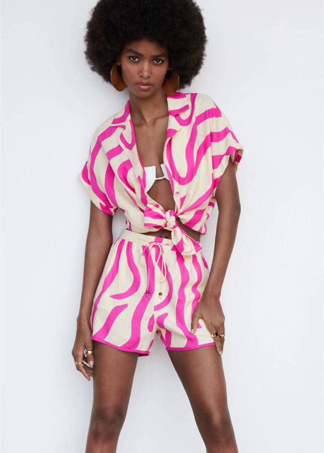 Mango high waist straight fit short met linnen en grafische print roze zand