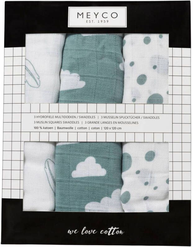 Meyco hydrofiele swaddles 120x120 cm (set van 3) jade wit