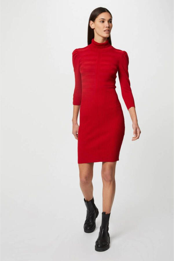 Morgan ribgebreide jurk met plooien rood - Foto 2