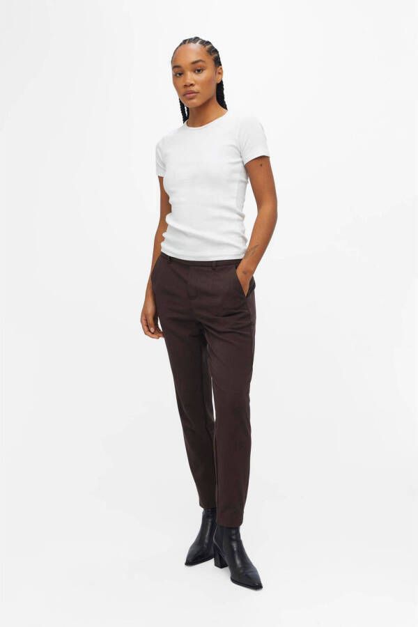 OBJECT cropped slim fit pantalon OBJLISA van gerecycled polyester donkerbruin - Foto 3