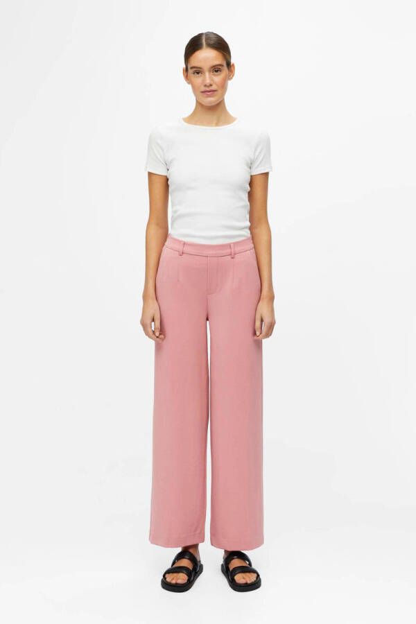 OBJECT wide leg pantalon OBJLISA van gerecycled polyester roze