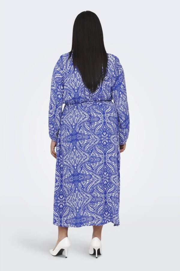 ONLY CARMAKOMA jurk CARSONYA met all over print en ceintuur blauw wit