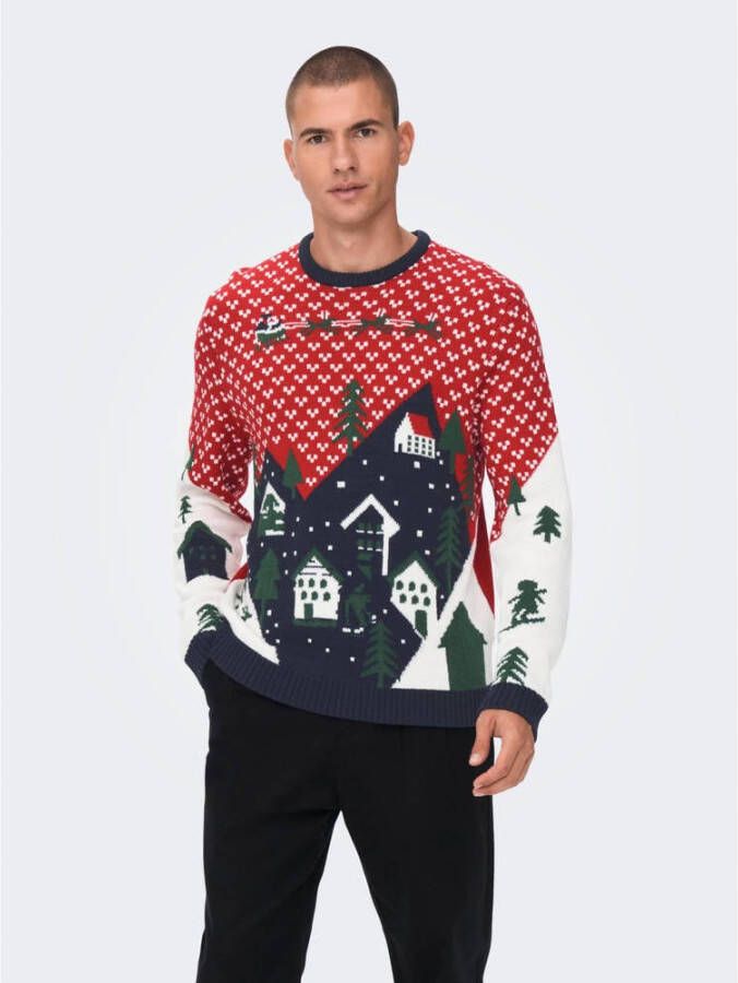 ONLY & SONS kersttrui ONSXMAS met all over print pompeian red