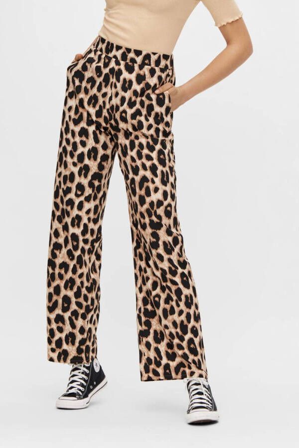 PIECES high waist wide leg pantalon met dierenprint zwart beige