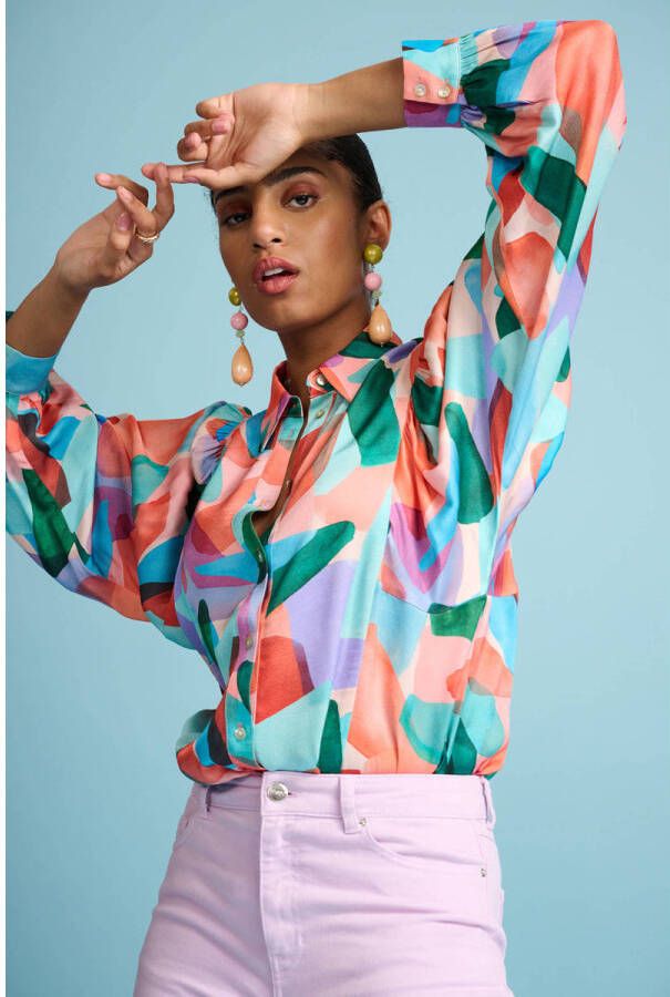 POM Amsterdam blouse Elements met all over print groen oranje lila