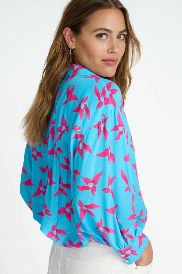POM Amsterdam blouse Violet Origami Flower Blue met all over print blauw roze