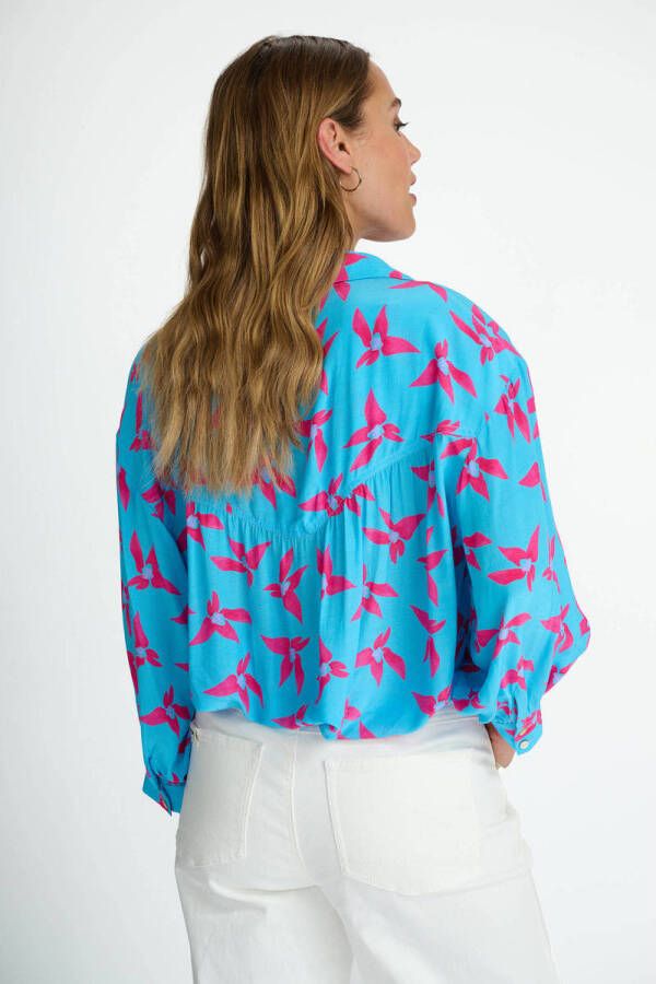 POM Amsterdam blouse Violet Origami Flower Blue met all over print blauw roze