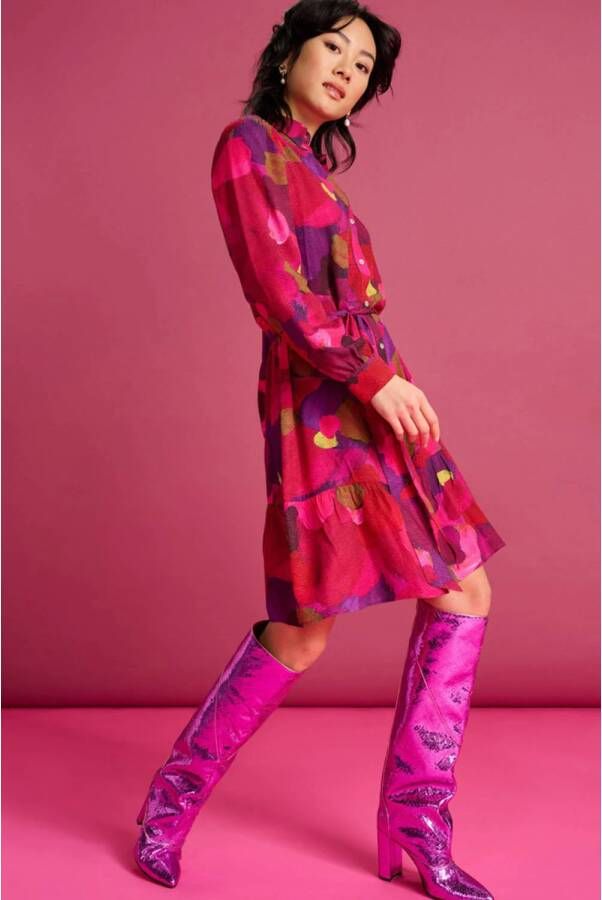 POM Amsterdam blousejurk met all over print en ceintuur roze