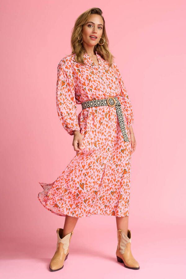 POM Amsterdam maxi jurk Stella Heart to Heart Pink met all over print roze rood