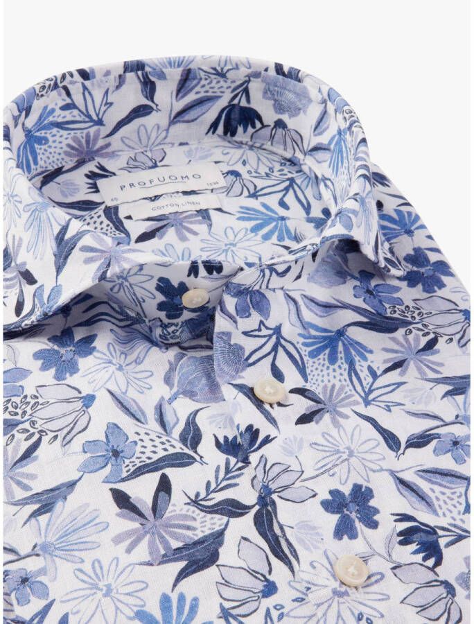 Profuomo slim fit overhemd met linnen en all over print blue