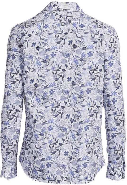 Profuomo slim fit overhemd met linnen en all over print blue