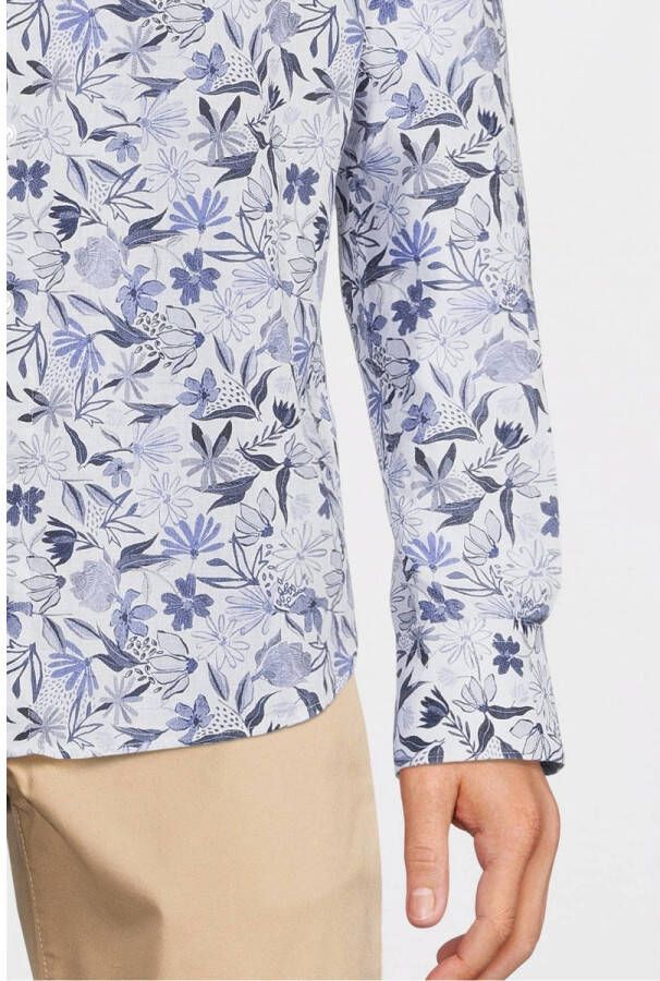 Profuomo slim fit overhemd met linnen en all over print blue