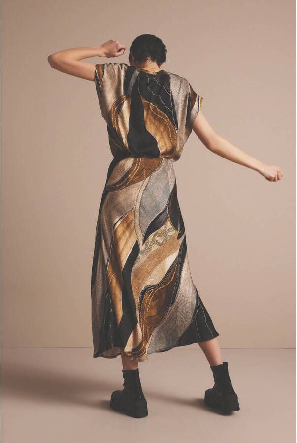 Summum Woman satijnen midi rok met all over print zwart groen blauw