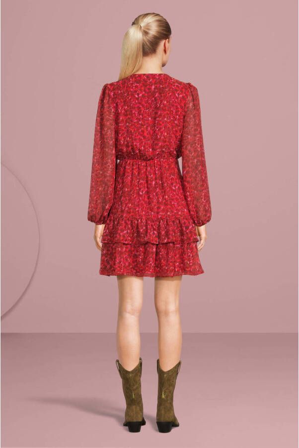 VILA semi-transparante jurk VIKATRINE met all over print en volant rood