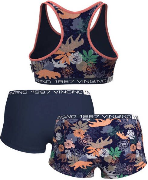 Vingino bh top met 2 shorts Tigerflower donkerblauw roze