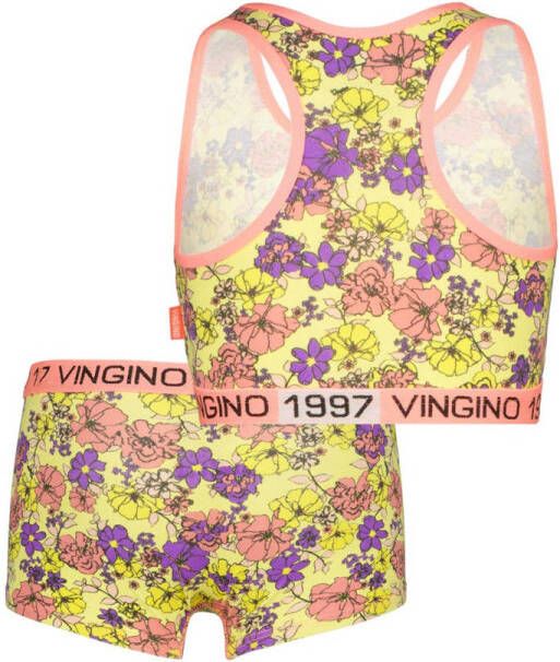 Vingino bh-top + short met bloemenprint geel roze