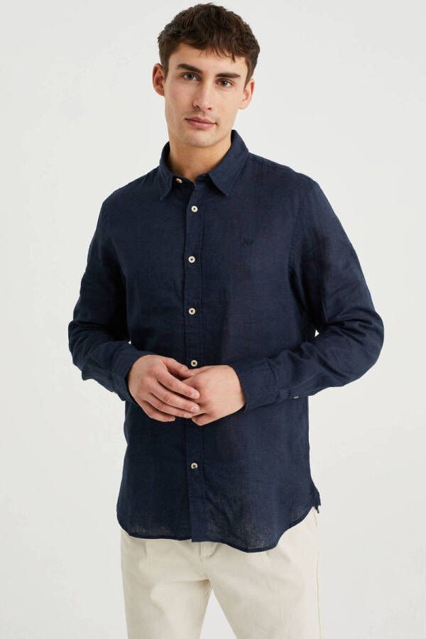WE Fashion linnen casual overhemd donkerblauw