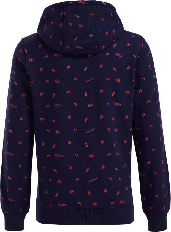 WE Fashion hoodie met all over print donkerblauw wit rood