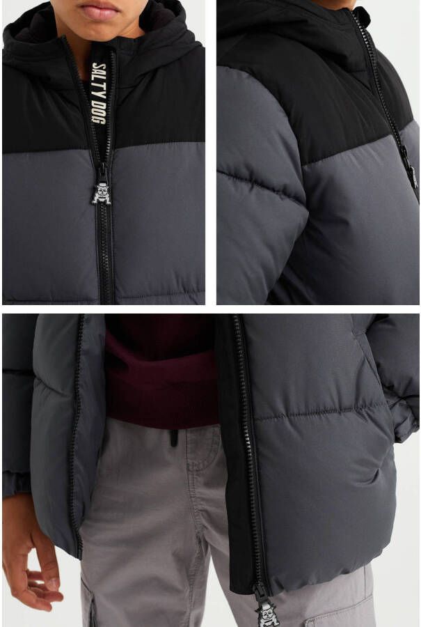 WE Fashion Salty Dog gewatteerde winterjas Austen van gerecycled polyester grijs zwart