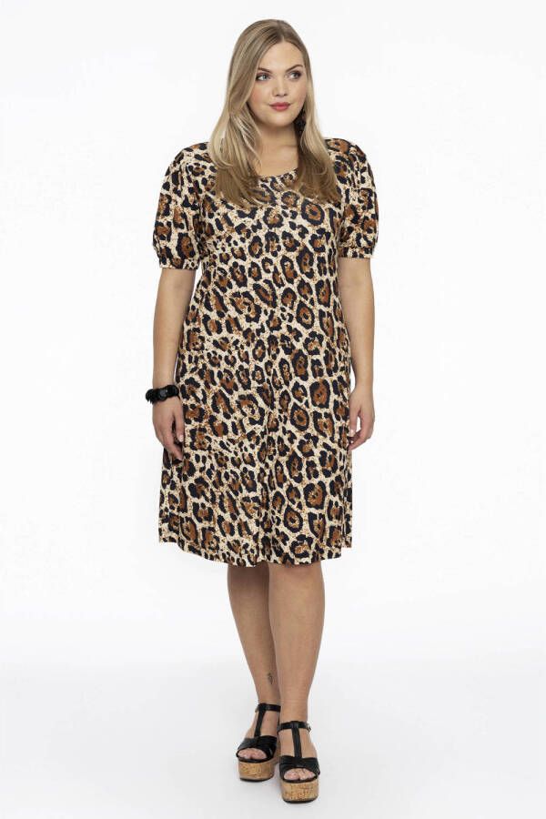 Yoek A-lijn jurk DOLCE van travelstof met dierenprint bruin - Foto 2
