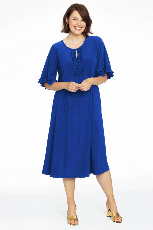 Yoek A-lijn jurk van travelstof DOLCE met ruches blauw - Foto 2