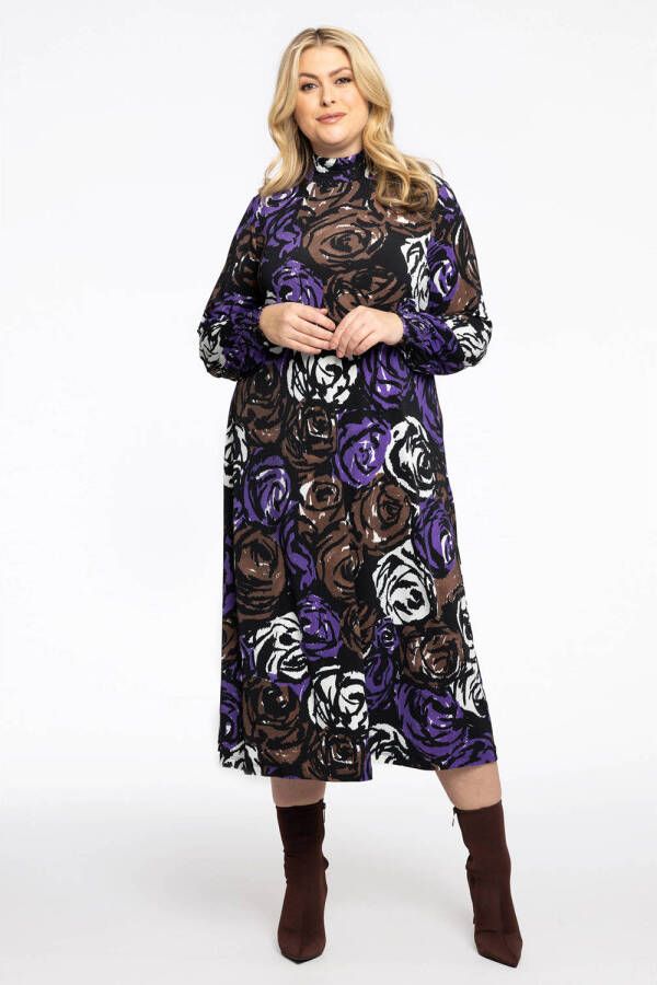 Yoek gebloemde A-lijn jurk DOLCE van travelstof zwart paars bruin - Foto 3