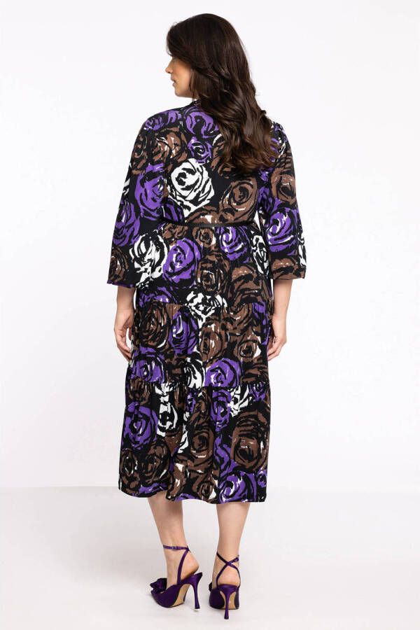 Yoek gebloemde A-lijn jurk DOLCE van travelstof zwart paars bruin - Foto 3