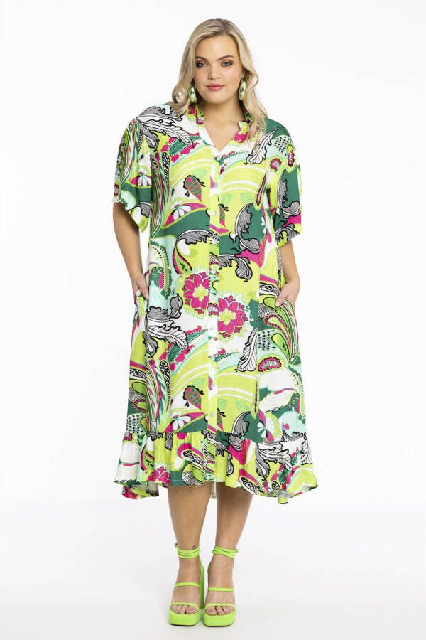 Yoek jurk met all over print groen lime roze